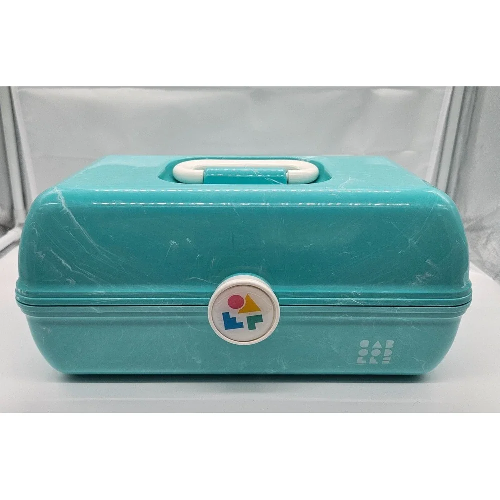 Caboodles Vintage‎ Teal Marble Swirl Carry All Cosmetic Makeup Organizer Case